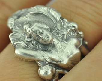 Solid 925 Sterling Silver Goddess Venus Floral Adjustable Spoon Ring