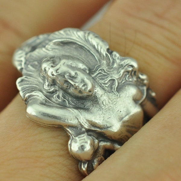 Solid 925 Sterling Silver Goddess Venus Floral Adjustable Spoon Ring