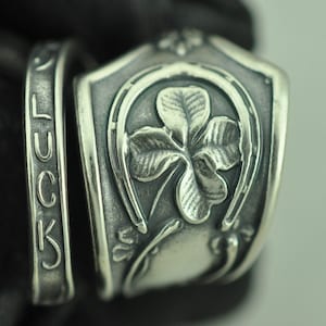 Solid 925 Sterling Silver Four-Leaf Clover Shamrock Good luck Adjustable Spoon Ring