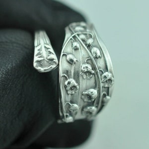 Solid 925 Sterling Silver Lily Of The Valley Flower Adjustable Spoon Ring