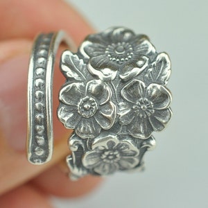 Solid 925 Sterling Silver Forget-Me-Not Flower Floral Adjustable Spoon Ring
