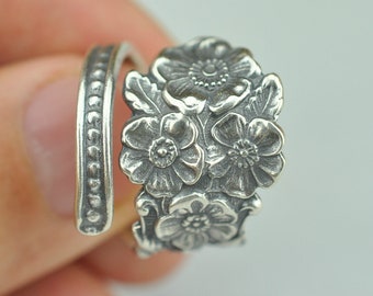 Solid 925 Sterling Silver Forget-Me-Not Flower Floral Adjustable Spoon Ring