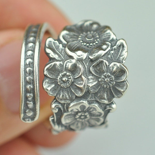 Bague cuillère ajustable florale fleurs myosotis en argent sterling massif 925