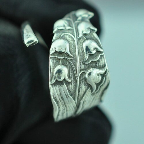 Solid 925 Sterling Silver Dainty Lily of The Valley Flower Floral Adjustable Spoon Ring - Different Materials Available