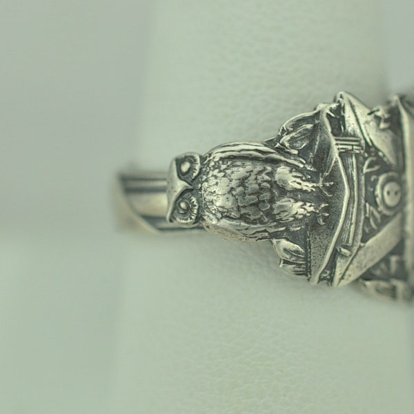 Solid 925 Sterling Silver Owl Scholar Adjustable Spoon Ring