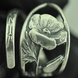 Solid 925 Sterling Silver California Flower Adjustable Spoon Ring