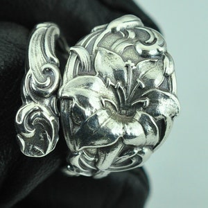 Solid 925 Sterling Silver Heavy 3D Lily Flower Floral Adjustable Spoon Ring