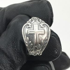 Dainty Solid 925 Sterling Silver Cross Bell Flower Floral Adjustable Spoon Ring