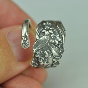 Solid 925 Sterling Silver Forget-Me-Not Flower Floral Adjustable Spoon Ring