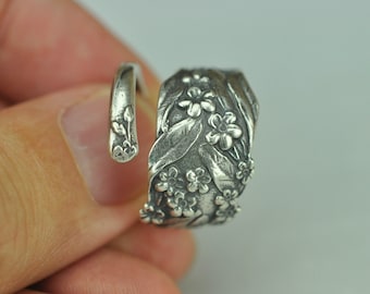 Solid 925 Sterling Silver Forget-Me-Not Flower Floral Adjustable Spoon Ring