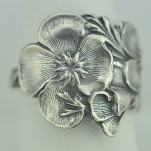 Solid 925 Sterling Silver Large Flower Floral Adjustable Spoon Ring