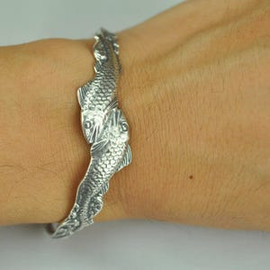 6'' Solid 925 Sterling Silver Two Happy Fish Cuff Bracellet