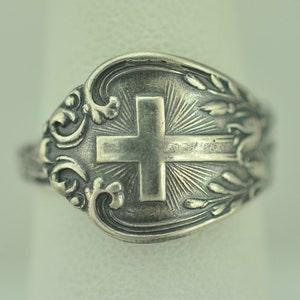 Dainty Solid 925 Sterling Silver Cross Bell Flower Floral Adjustable Spoon Ring