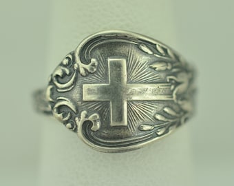 Dainty Solid 925 Sterling Silver Cross Bell Flower Floral Adjustable Spoon Ring