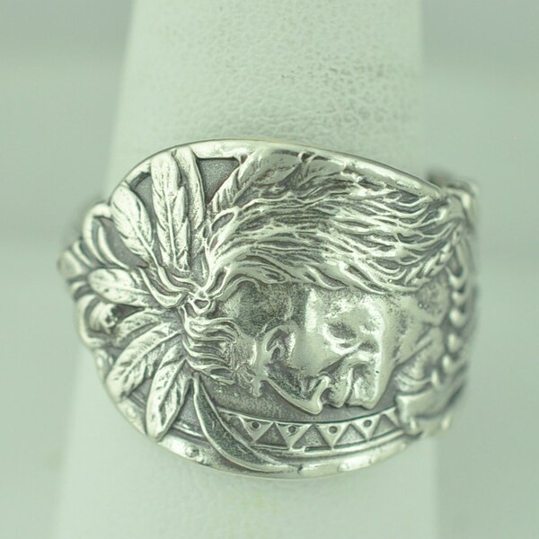 Solid 925 Sterling Silver Native American Chief Warrior Adjustable Spoon Ring