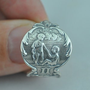 Solid 925 Sterling Silver Gemini Zodiac Angel Birthday Adjustable Spoon Ring