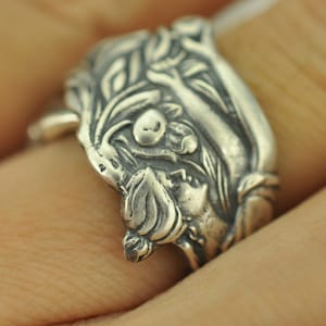 Solid 925 Sterling Silver Girl Picking Fruits Adjustable Spoon Ring