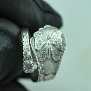 Solid 925 Sterling Silver Butterfly Lily Flower Adjustable Spoon Ring