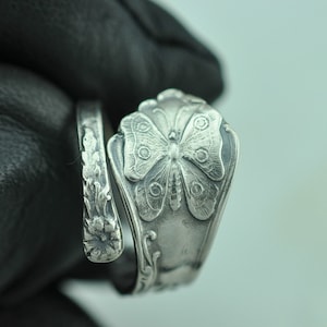 Bague cuillère réglable en argent sterling massif 925 avec fleur de lys papillon