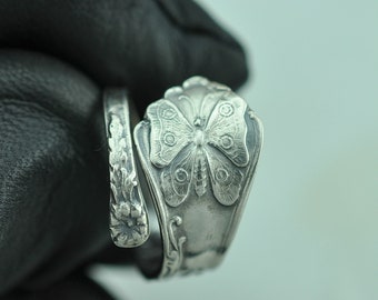 Solid 925 Sterling Silver Butterfly Lily Flower Adjustable Spoon Ring