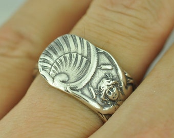 Dainty Solid 925 Sterling Silver Twin-Tailed Mermaid Melusine Adjustable Spoon Ring
