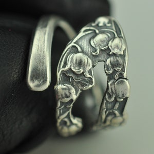Solid 925 Sterling Silver Lily Of The Valley Floral Flower Adjustable Spoon Ring