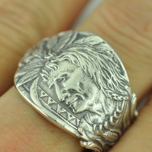 Solid 925 Sterling Silver American Chief Warrior Adjustable Spoon Ring