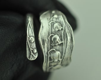 Dainty Solid 925 Sterling Silver Small Lily Of The Valley Flower Floral Adjustable Spoon Ring