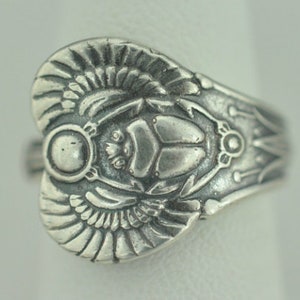 Bague cuillère réglable en argent sterling massif 925 Egypte scarabée pharaon amulette immortelle