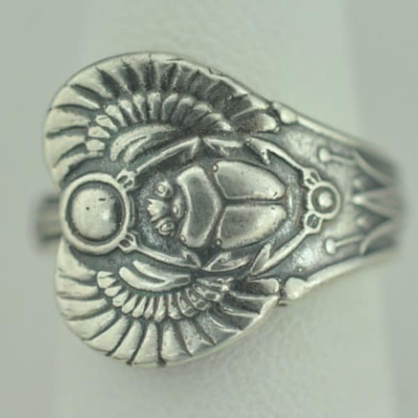 Solid 925 Sterling Silver Egypt Scarab Pharaoh Immortal Amulet Adjustable Spoon Ring