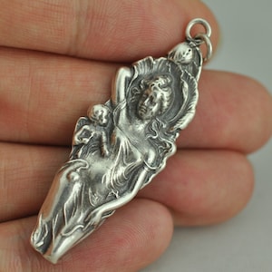 Solid 925 Sterling Silver Goddess Venus Cupid Floral Pendant