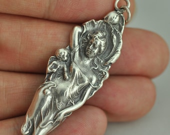 Solid 925 Sterling Silver Goddess Venus Cupid Floral Pendant