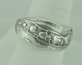 Dainty Solid 925 Sterling Silver Small Lily Of The Valley Flower Floral Adjustable Spoon Ring