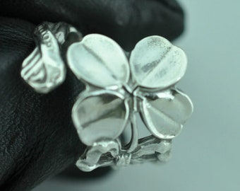 Stevige 925 sterling zilveren kleine klavertje vier bloem verstelbare lepelring met bloemen