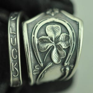 Anillo ajustable de cuchara con forma de trébol de cuatro hojas de plata de ley 925 maciza, símbolo de buena suerte.