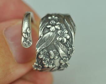 Solid 925 Sterling Silver Forget-Me-Not Flower Floral Adjustable Spoon Ring
