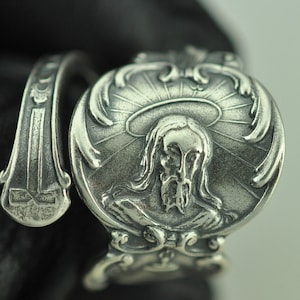 Solid 925 Sterling Silver Jesus Bell Star Adjustable Spoon Ring