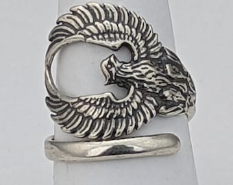 Solid 925 Sterling Silver Immortal Fire Phoenix Adjustable Spoon Ring