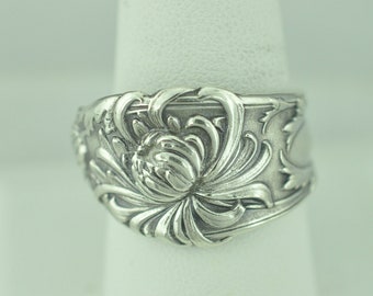 Solid 925 Sterling Silver Chrysanthemum Flower Adjustable Spoon Ring