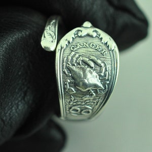 Solid 925 Sterling Silver Cancer Crab Zodiac Birthday Adjustable Spoon Ring
