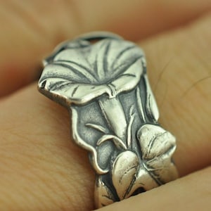 Dainty Solid 950 Sterling Silver Morning Glory Or Moon Flower Adjustable Spoon Ring