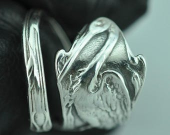 Solid 925 Sterling Silver Baby Delivery Stork or Heron Bird Adjustable Spoon Ring