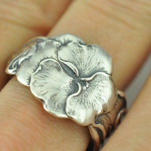 Solid 925 Sterling Silver Pansy Flower Floral Adjustable Large Spoon Ring