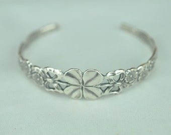 6'' Solid 925 Sterling Silver Four-Leaf-Clover Good Luck Flower Cuff Bracelet