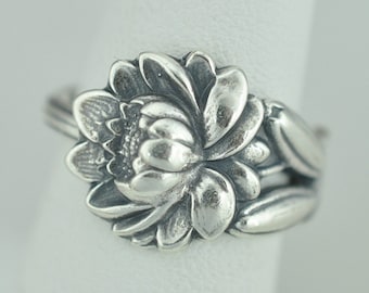 Dainty Solid 925 Sterling Silver  Lily Flower Floral Adjustable Spoon Ring