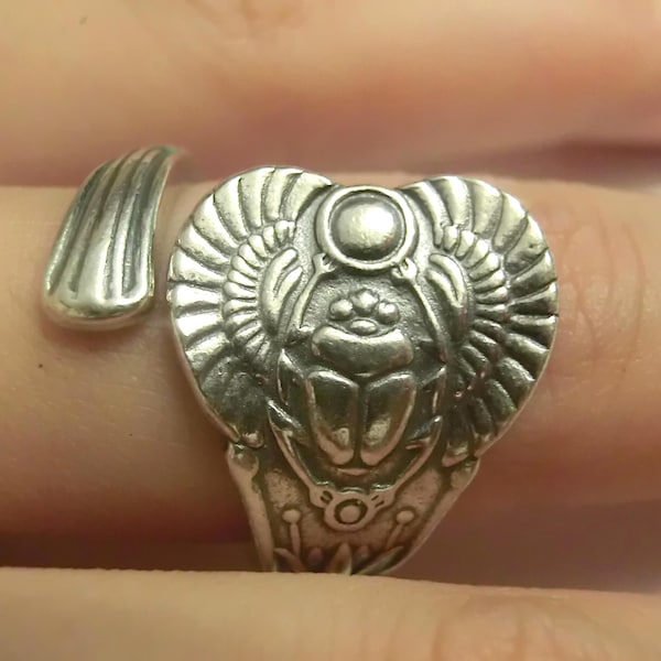 Solid 925 Sterling Silver Egypt Scarab Pharaoh Immortal Amulet Adjustable Spoon Ring