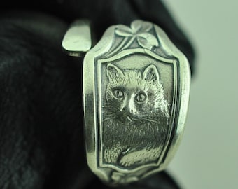 Dainty Solid 925 Sterling Silver My Little Kitty Cat Adjustable Spoon Ring