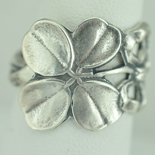 Dainty Solid 925 Sterling Silver Small Four-Leaf-Clover Flower Floral Adjustable Spoon Ring