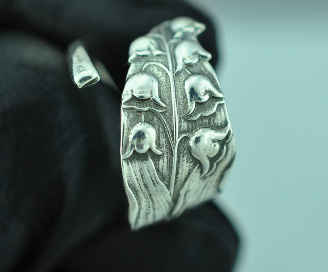 Dainty Solid 925 Sterling Silver Lily of The Valley Flower Floral Adjustable Spoon Ring