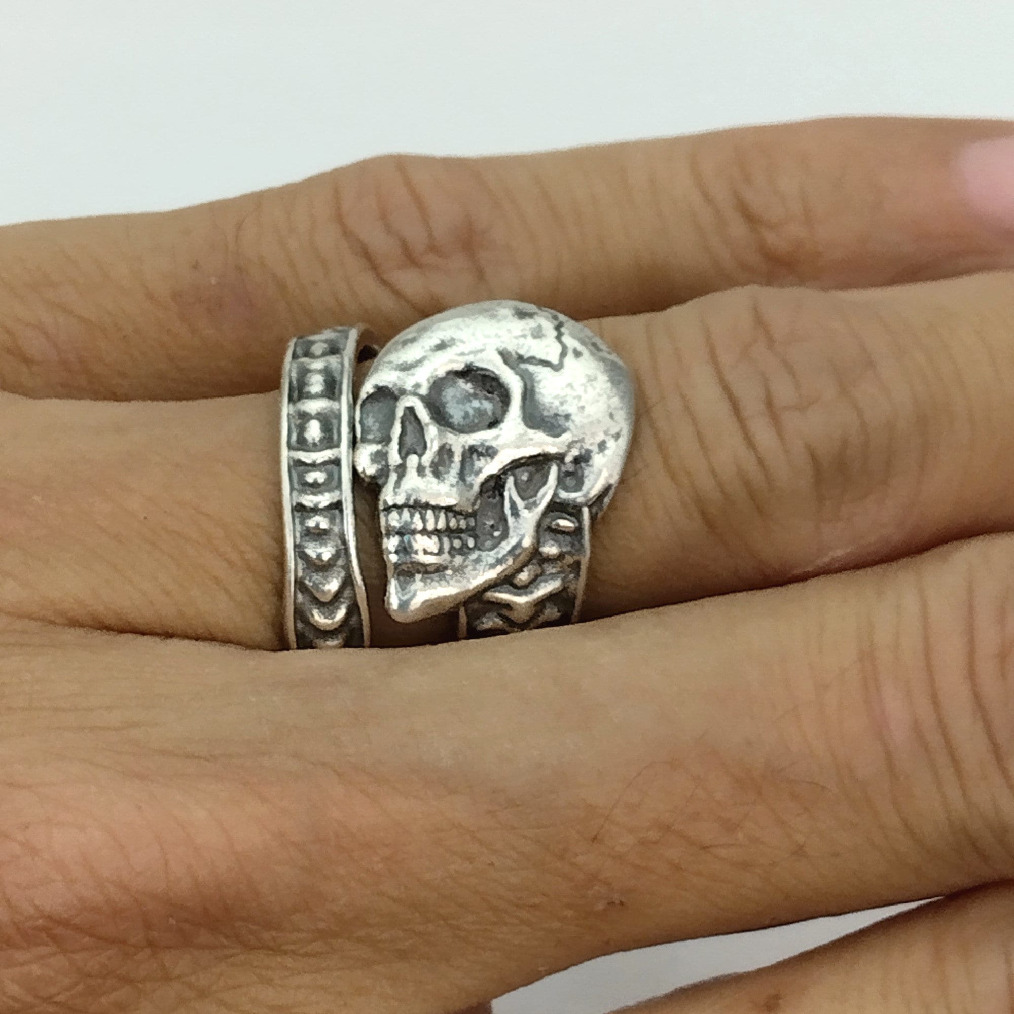 Solid 925 Sterling Silver Human Skull With Spine Adjustable Spoon Ring